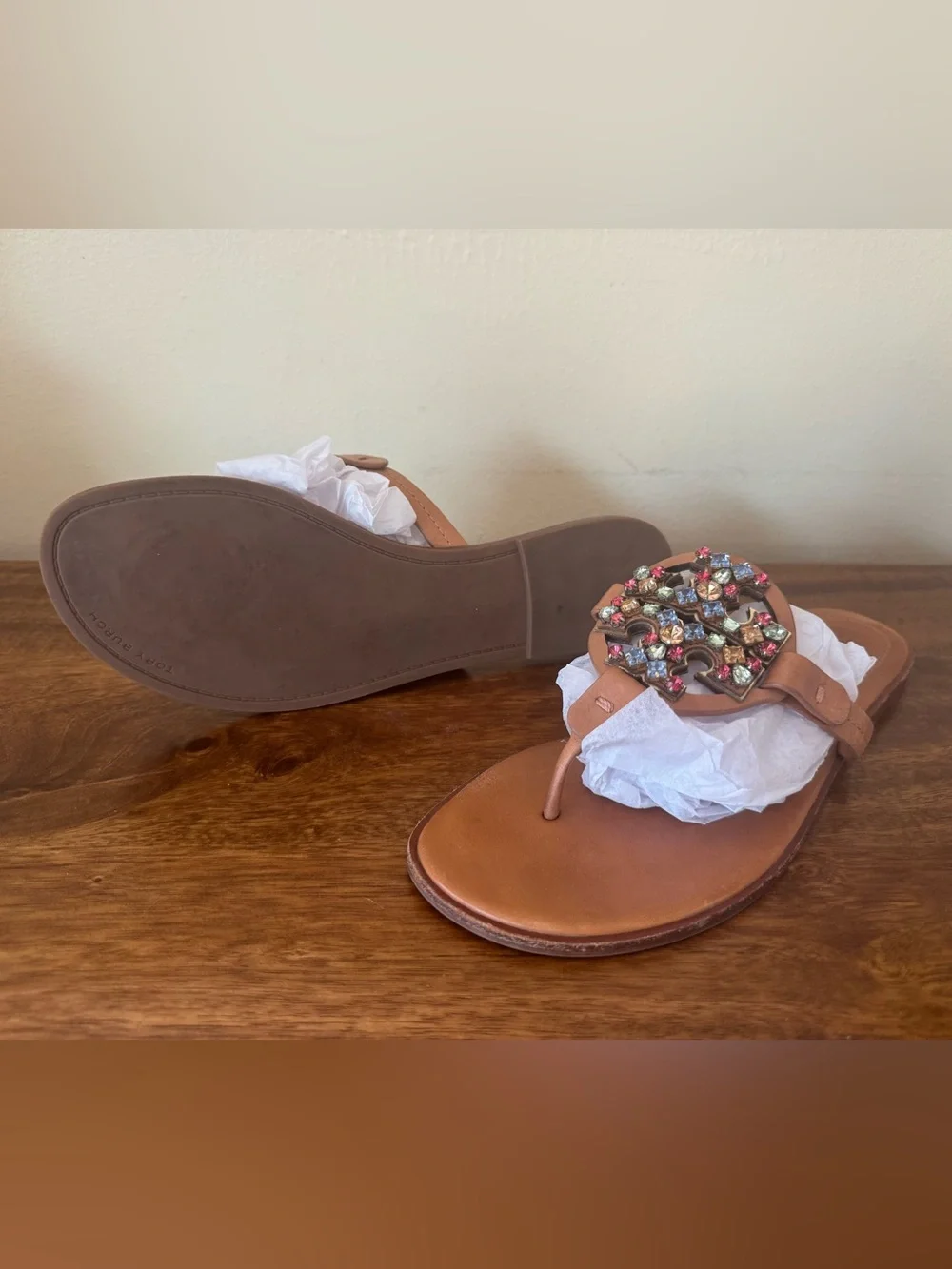 Camel Leather Tory Burch Miller Sandal Crystal Ladies Sandals Flip Flops - 9